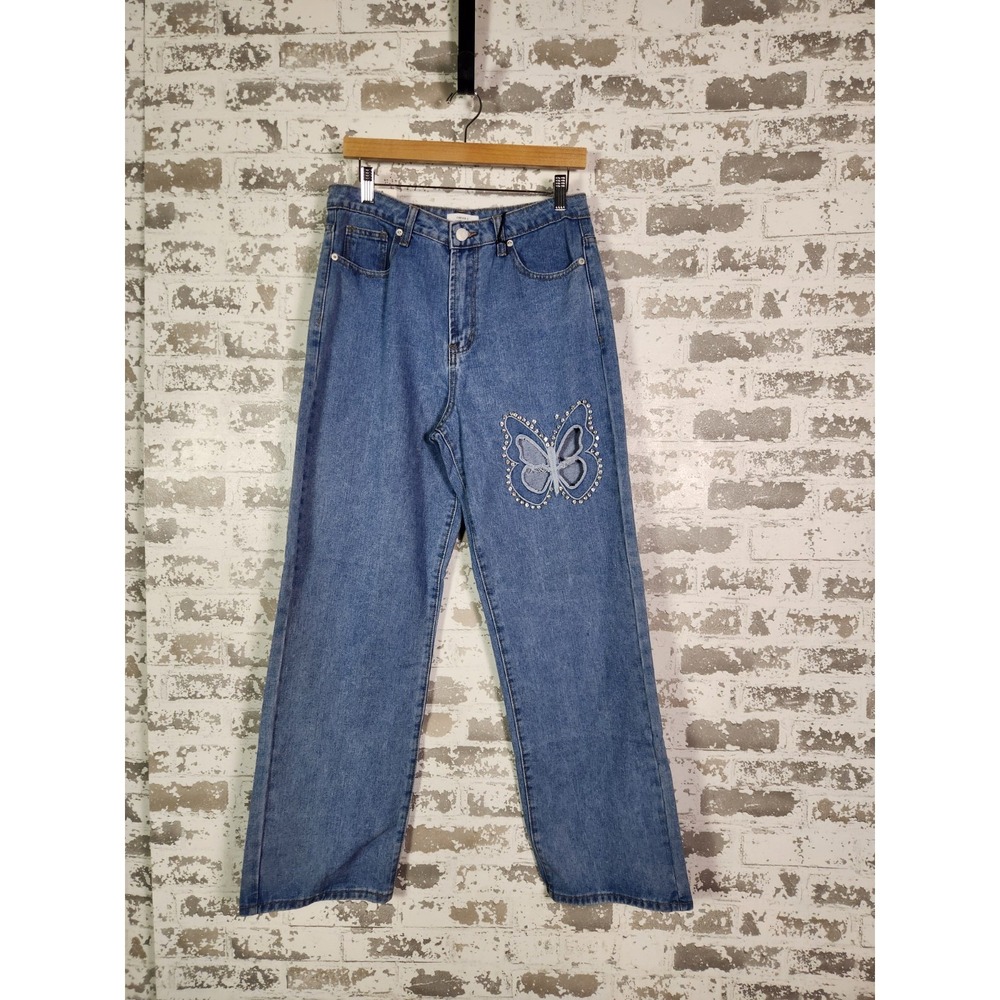 Forever 21 90's Fit Jeans Size 29 Blue Butterfly Rhinestone Relaxed Flowy